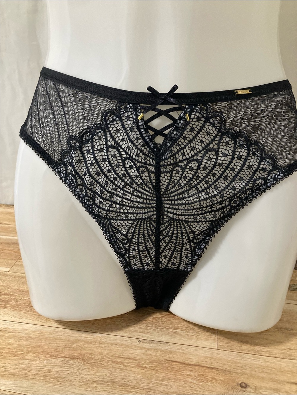 La Vie en Rose Black Lace High Cut Bikini XL/TC Sheer Mesh Lingerie NWOT